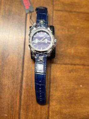 rebels Blue Leather Strap Men's Watch with Silver Case